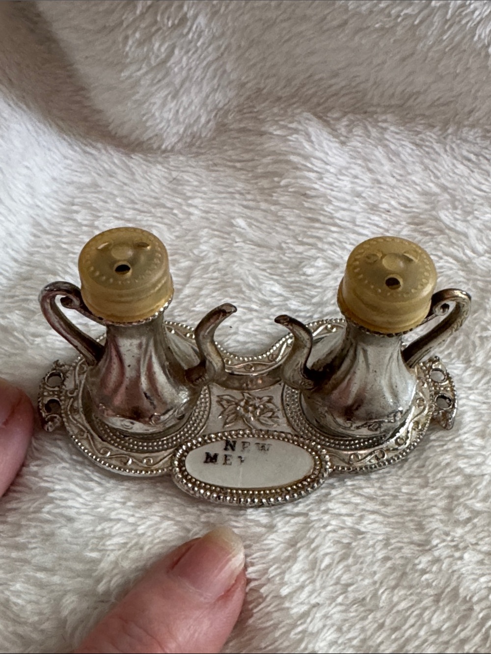 Vtg 1950s New Mexico Teapot Salt & Pepper Shaker Set Metal Tray Made in Japan